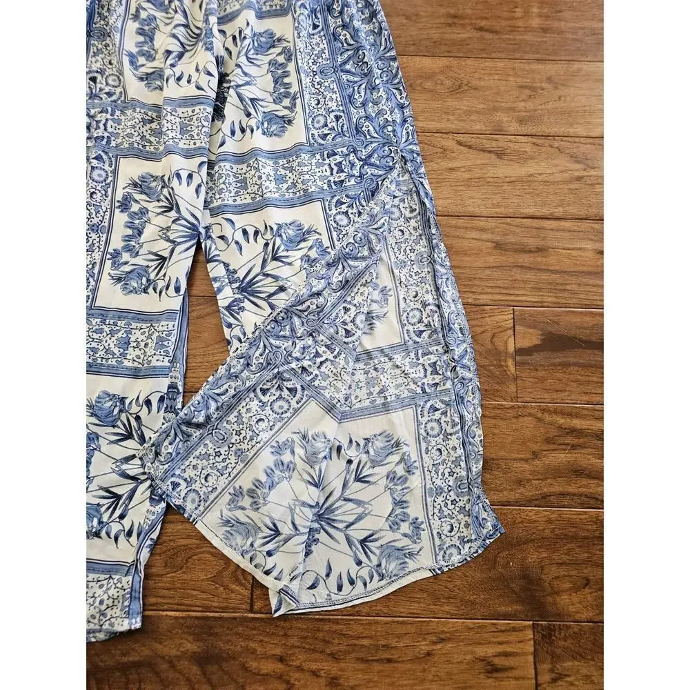 JAASE Wide Leg Pants Women’s Size L Long Side Slits Blue Floral Boho NWT Travel - Picture 4 of 11